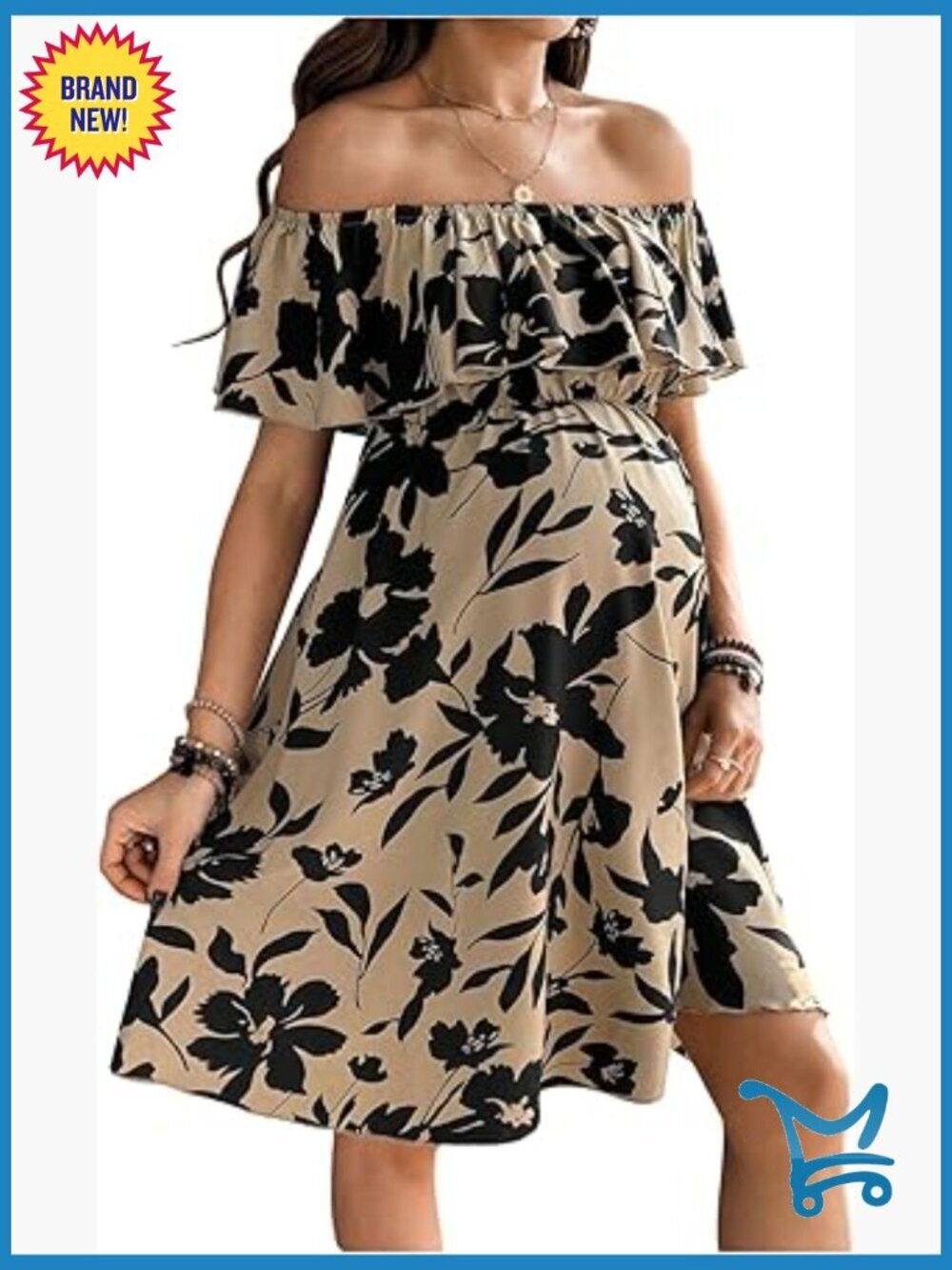 Maternity Floral Off Shoulder Ruffle Short Sleeve Flowy Mini Dress - Khaki